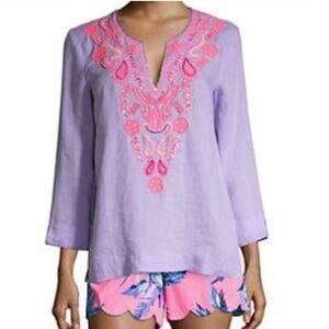 Lilly Pulitzer Verbena Amelia Island Embroidered Purple Lilac Tunic Linen Blouse